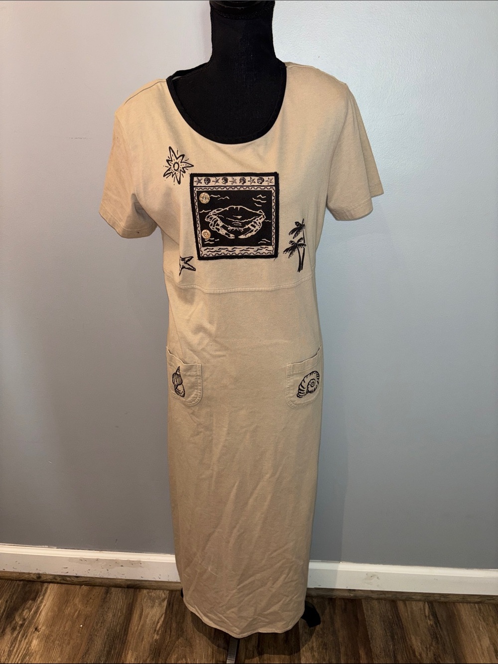 Vintage Jaclyn Smith Coastal Beach theme Maxi Dress Tan Cotton Shells SzM